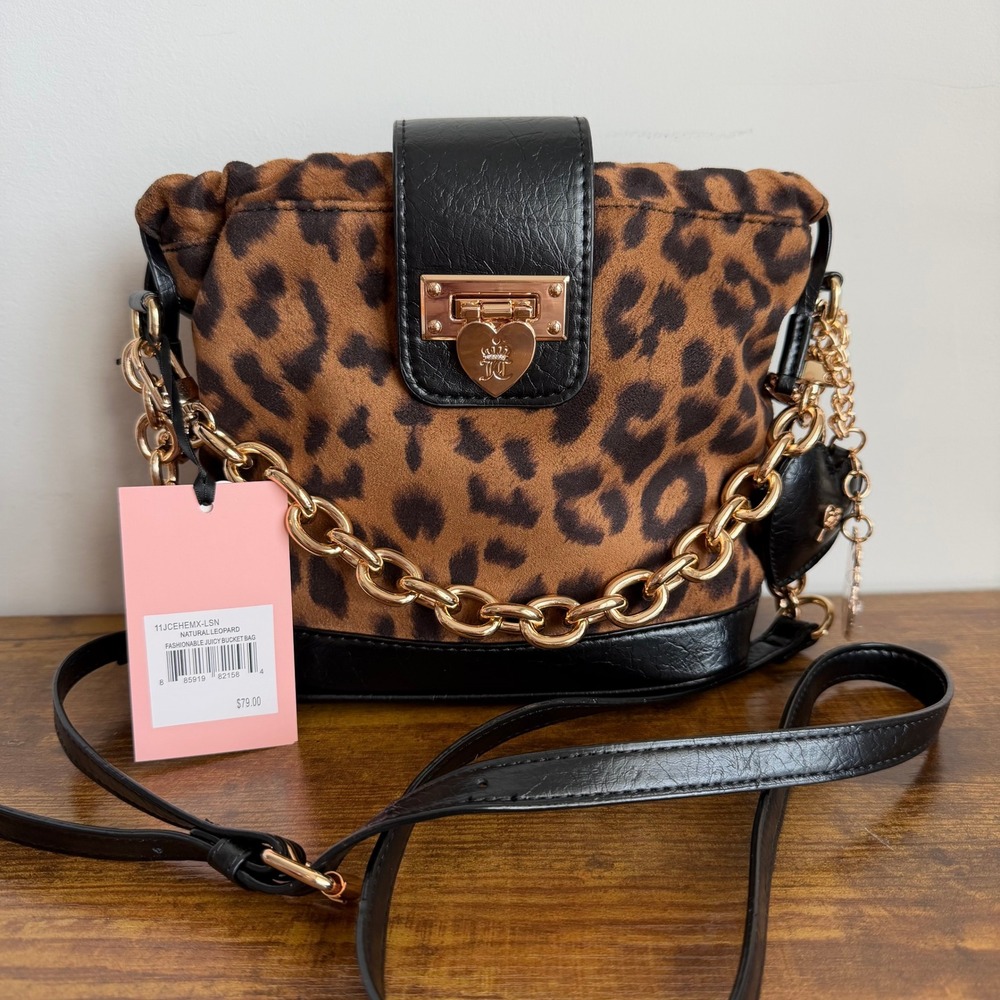 New Juicy Couture Fashionable Leopard Bucket Crossbody Handbag Y2K Black Brown